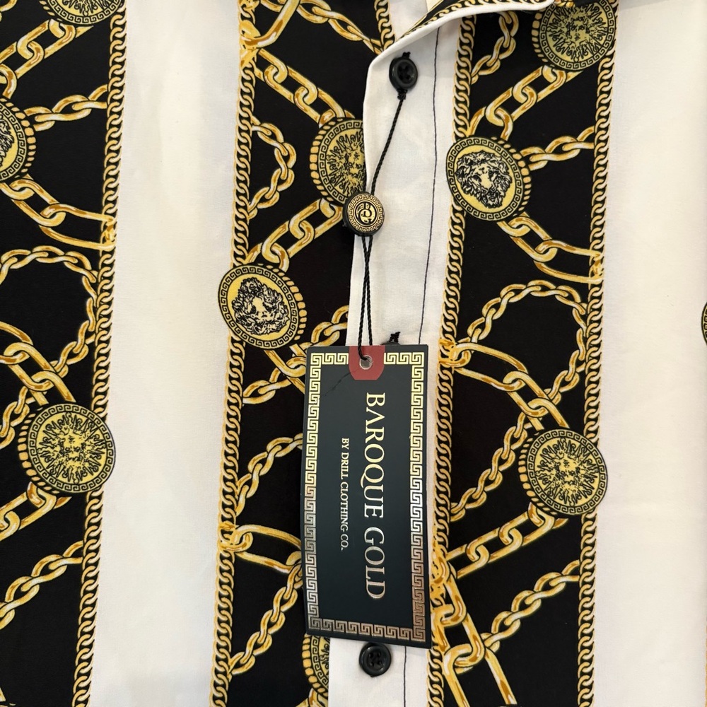 NWT Drill Clothing Baroque Gold Italian Designer Style Shirt Medus Chains, 3X - Picture 6 of 9